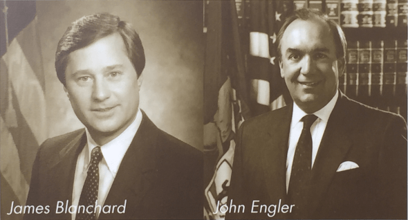 Former Michigan Governors James Blanchard and John Engler.